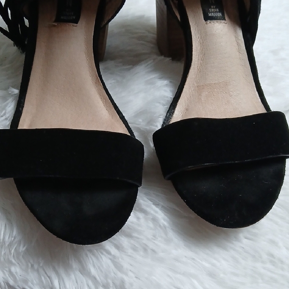 STEVEN By Steve Madden Luisa Black Ankle Strap Open Toe Fringe Block Sandals 8B - Picture 5 of 16